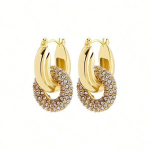 Yellow Gold Women's Gold Color Zinc Alloy Full Diamond Inlaid Hoop Earrings